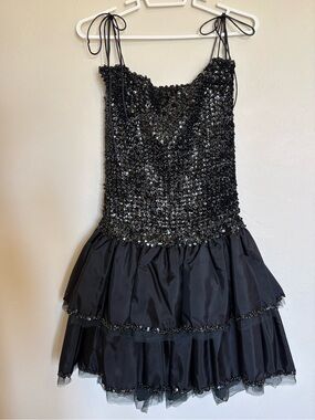 VTG 80s Black Sequin Ruffle Bow Pageant Prom Dress Sz M UNION MADE Whimsigoth